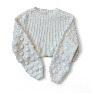 White Oversized Cropped Crew Neck Sweater w/ Bubble Sleeves – Size Small